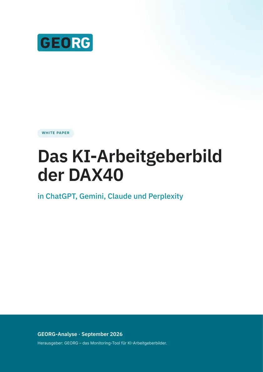 Titelseite des GEORG White Papers „Das KI-Arbeitgeberbild der DAX40 in ChatGPT, Gemini, Claude und Perplexity“, GEORG-Analyse September 2026